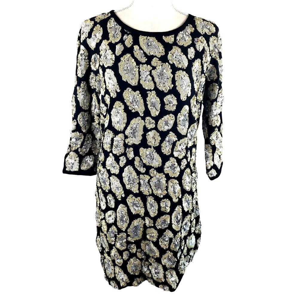 Juicy Couture Silver Gold Sequin Leopard 3/4 Sleeve Mini Cocktail Sheath Dress 2